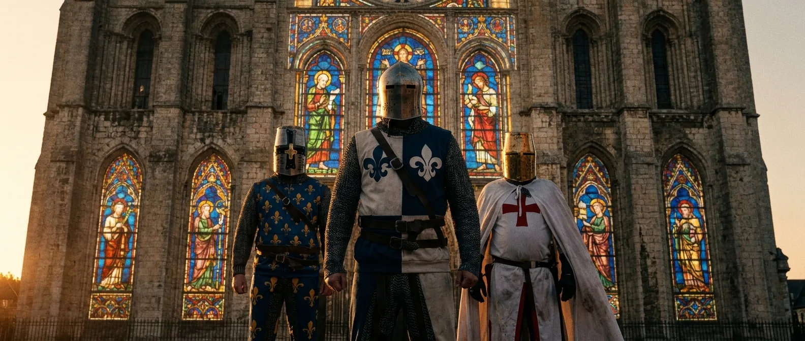 Trois chevaliers en armure devant une cathédrale et ses vitraux, au coucher du soleil