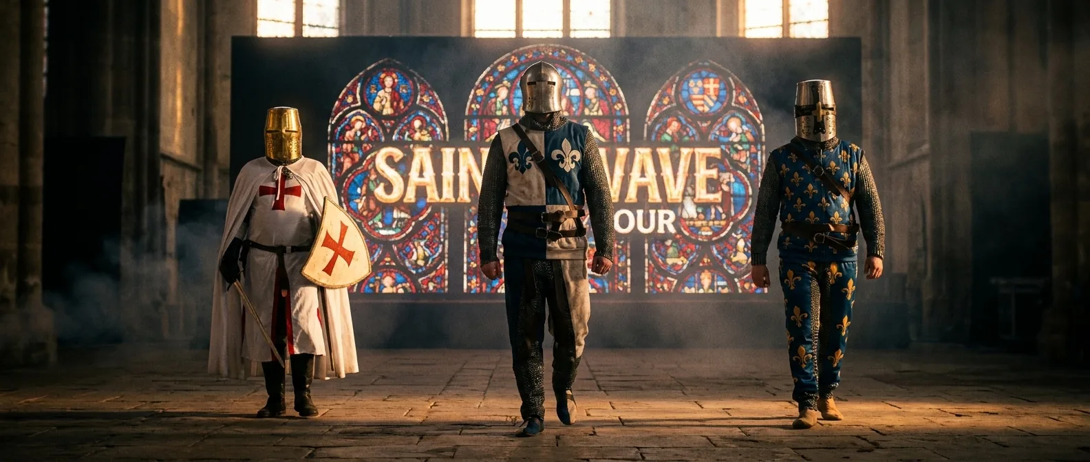 Les chevaliers de Sainte Wave dans une cathédrale devant un vitrail monumental Sainte Wave Tour