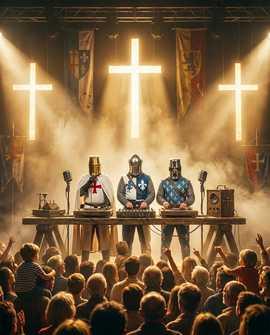 Les chevaliers de Sainte Wave derrière leur setup de mix, micros, croix et bannières, devant un public intergénérationnel