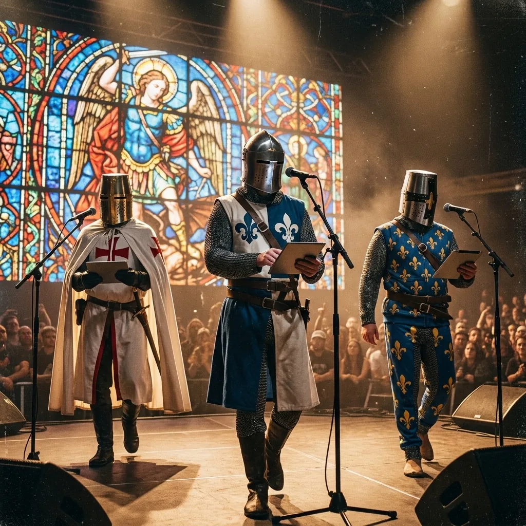 Les chevaliers de Sainte Wave au micro sur scène, face au public, devant un vitrail