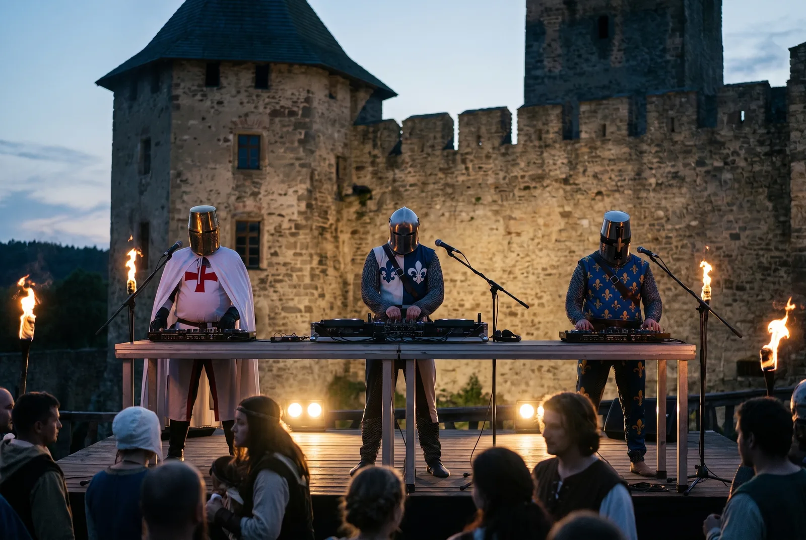 Les chevaliers de Sainte Wave en concert dans la cour d'un château au crépuscule, torches et public