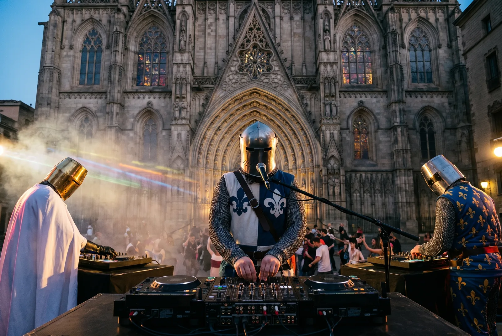 Les chevaliers de Sainte Wave au DJ set devant une cathédrale gothique, public en fête
