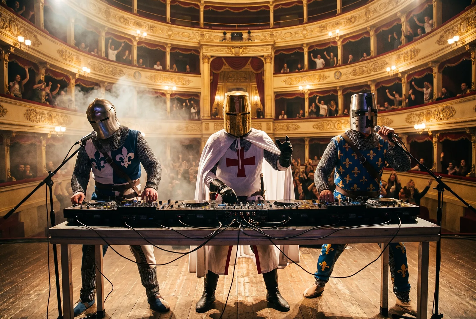 Les chevaliers de Sainte Wave sur la scène d'un théâtre à l'italienne, balcons combles